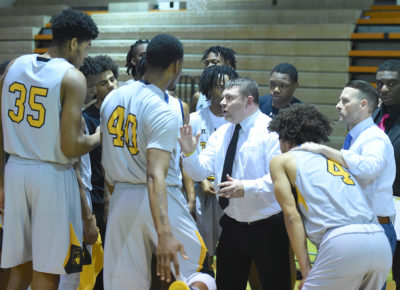 Men's basketball huddle