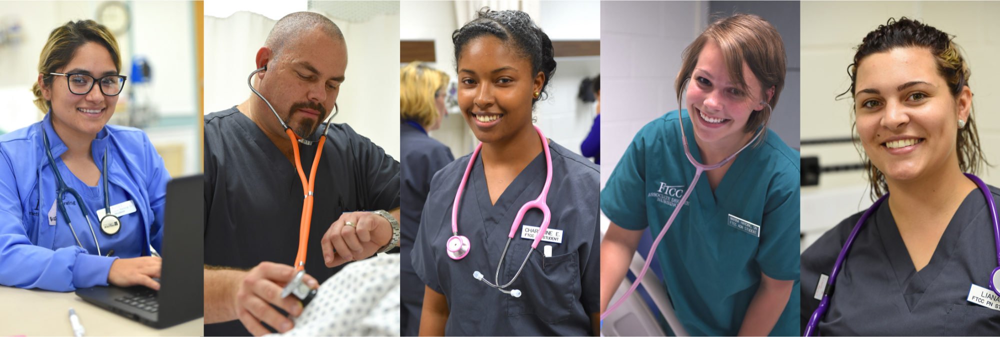 Three nursing students in blue scrubs studying together at a table with books and notes in a classroom or lab setting.