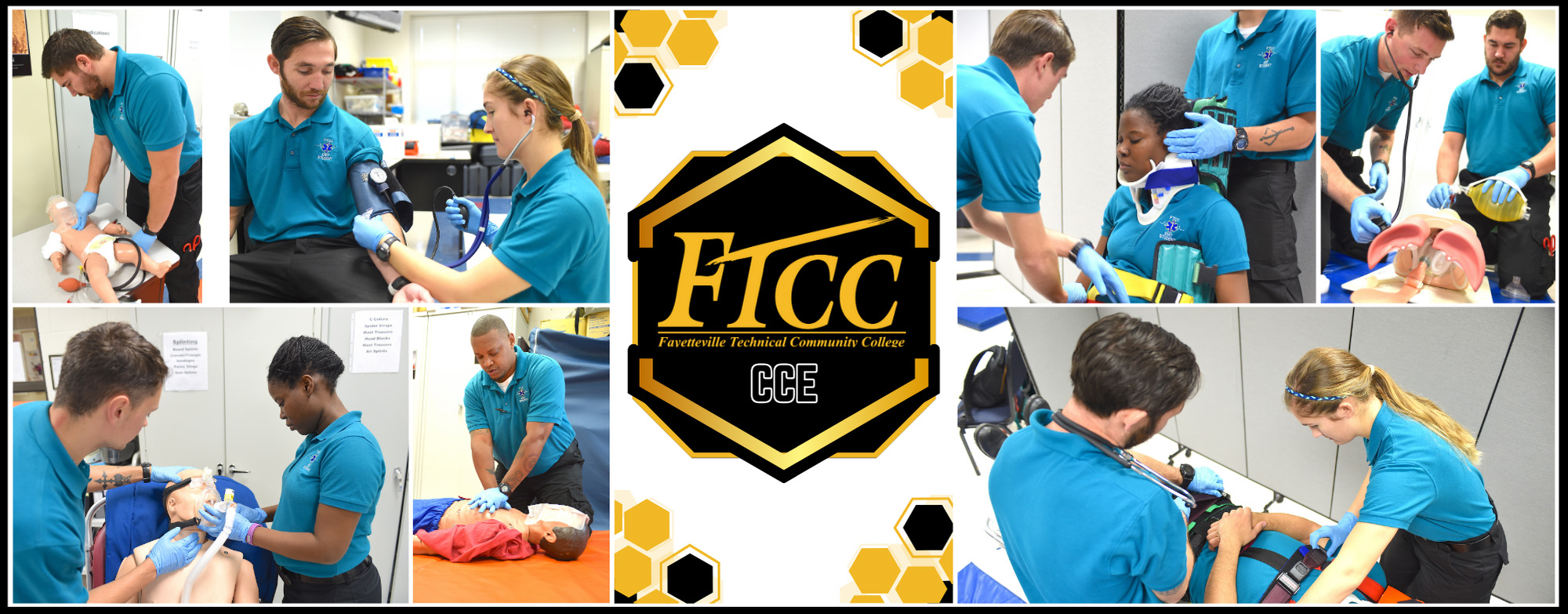 A collage highlighting EMT training activities at Fayetteville Technical Community College's Center for Continuing Education (CCE). 