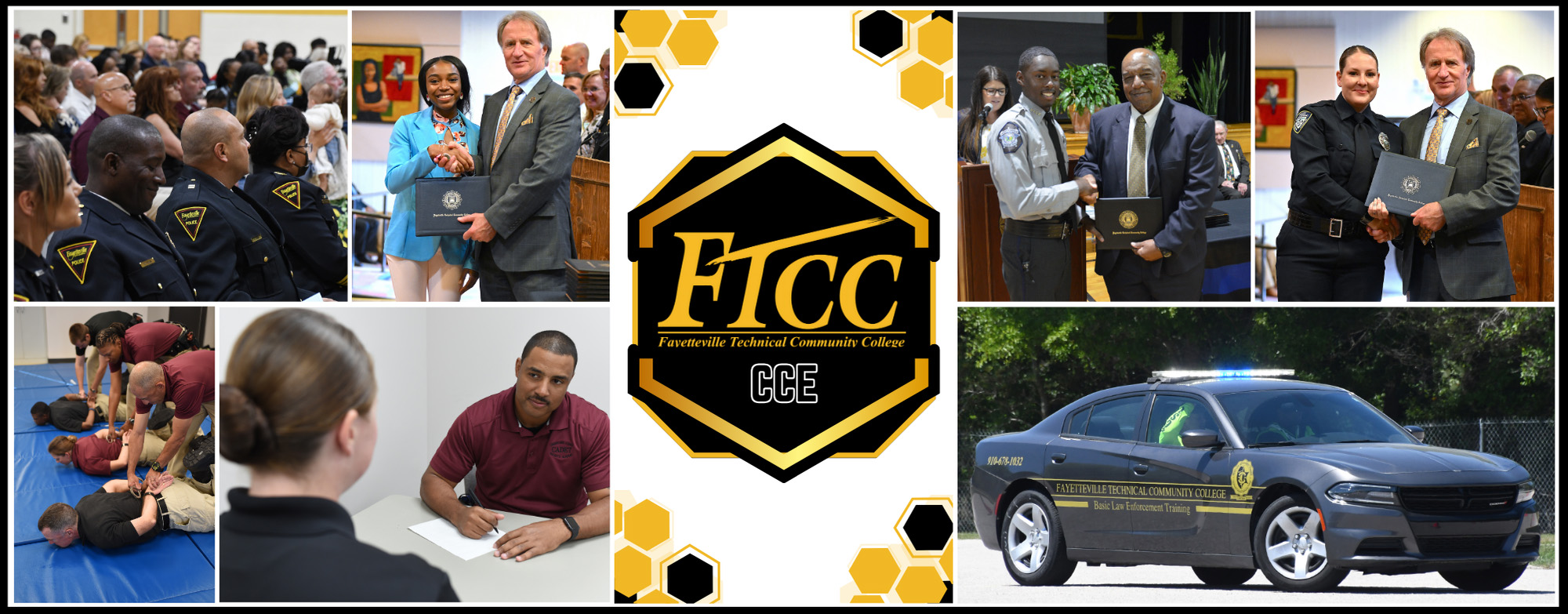 Collage of FTCC Law Enforcement Training: graduations, hands-on training, classroom activities, and a patrol car with FTCC branding.