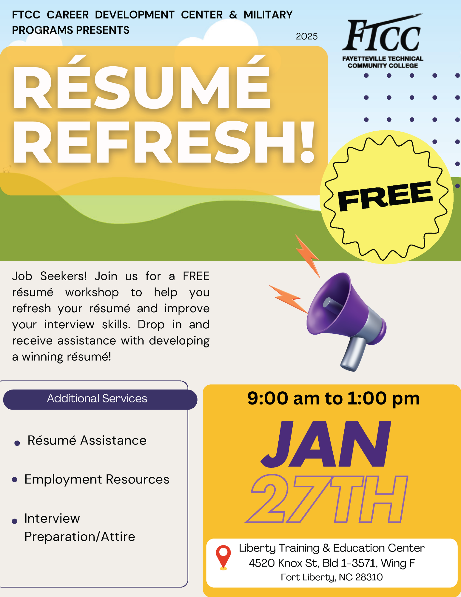 FTCC Career Development Center & Military Resume Refresh Event Flyer