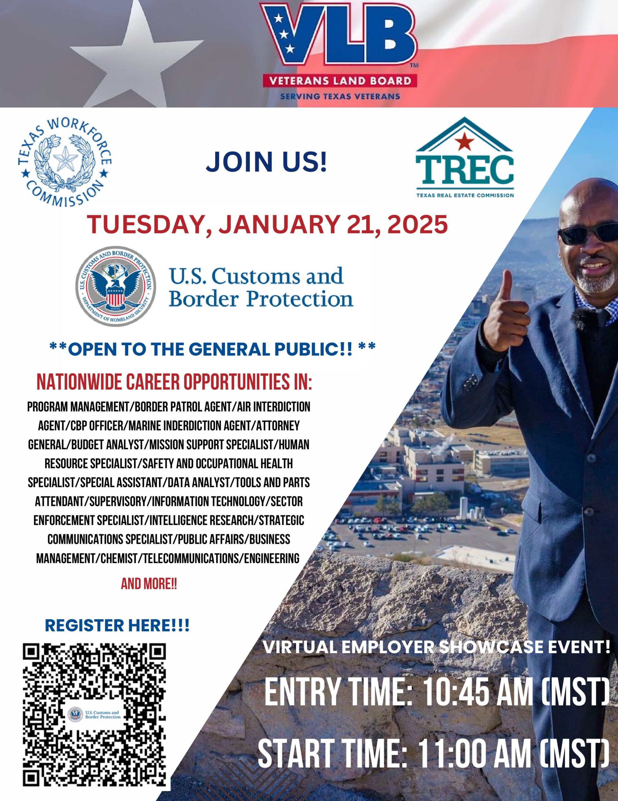 Texas Virtual Employer Showcase event with U.S. Customs and Border Protection, featuring career opportunities for the public.