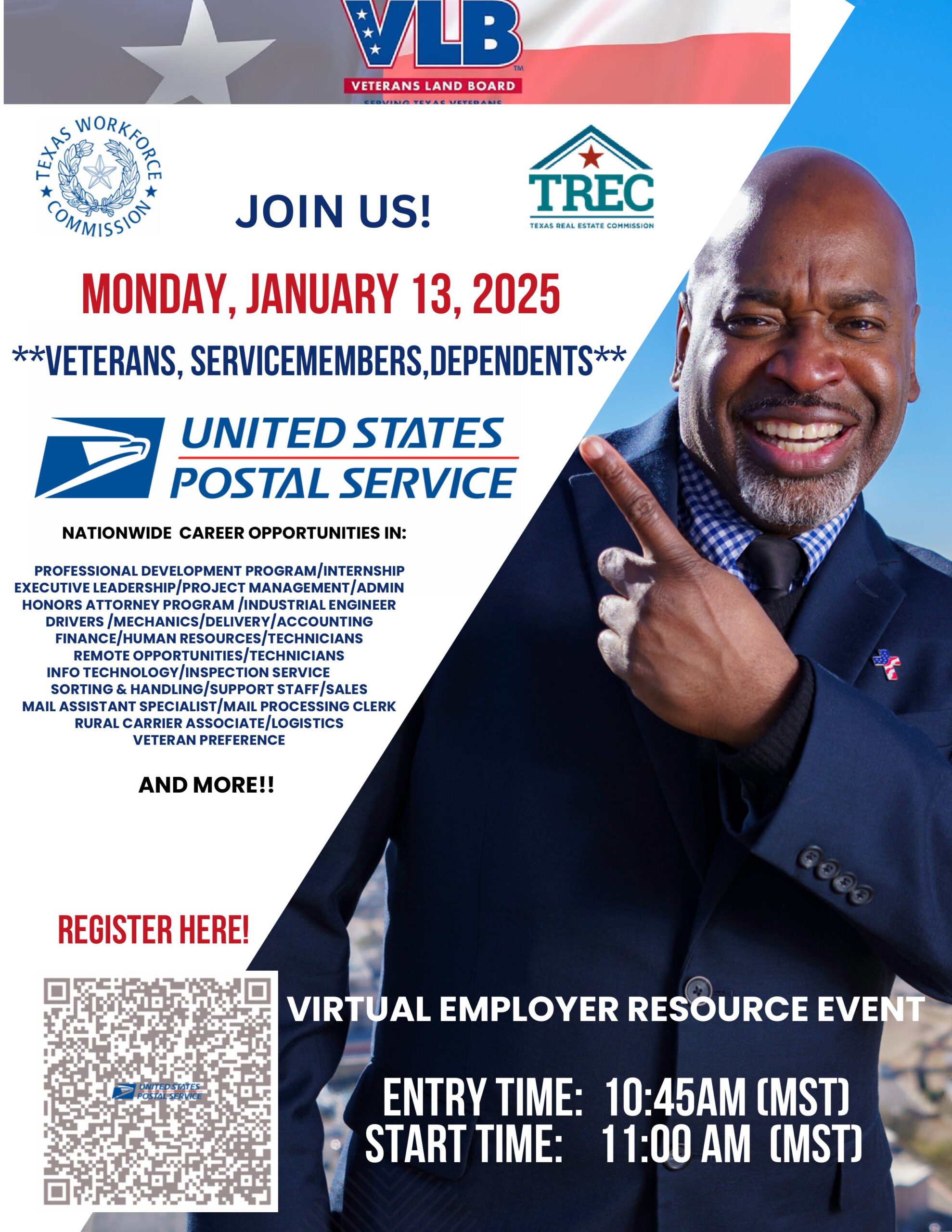 Flyer for USPS career event on January 13, 2025, for veterans, servicemembers, and dependents. Includes job opportunities.