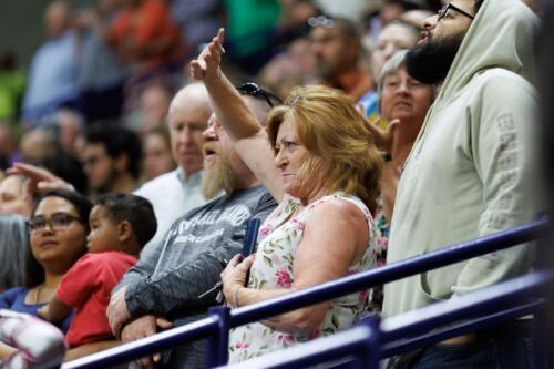 A woman, shown in profile, raises her hand to wave from the stands.