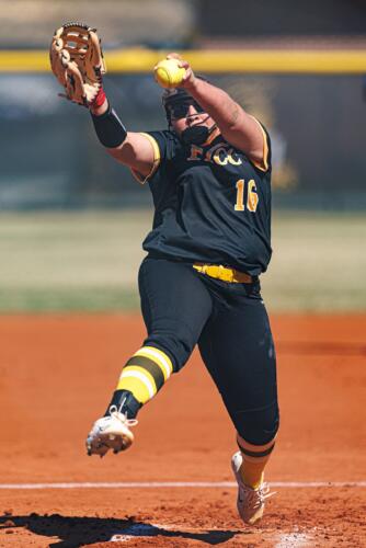 The FTCC softball pitcher in her windup.