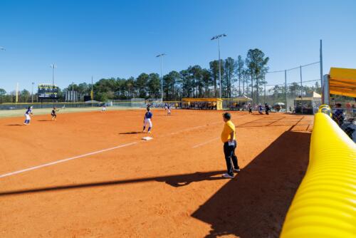 A wide photo of the softball field during a game.